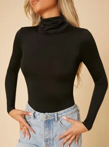 SHEIN PETITE Solid Mock Neck Bodysuit - Black - View 6