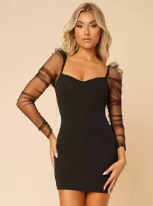 SHEIN PETITE 網紗袖雞心領口緊身洋裝 - 黑色 - 查看 3