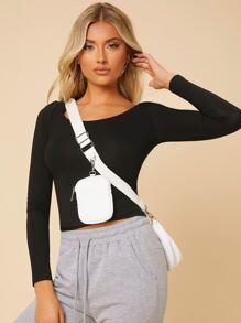 SHEIN PETITE Solid Scoop Neck Slim Tee - Black - View 4