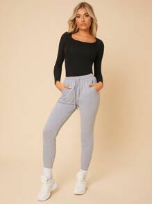 SHEIN PETITE Solid Scoop Neck Slim Tee - Black - View 5