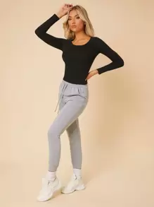 SHEIN PETITE Solid Scoop Neck Slim Tee - Black - View 6