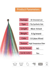 Synthetic Colored I-Tip Feather Hair Extensions 16" 30 Strands/Pack Women's High Temperature Fiber Wig Accessories - Multicolor - View 7