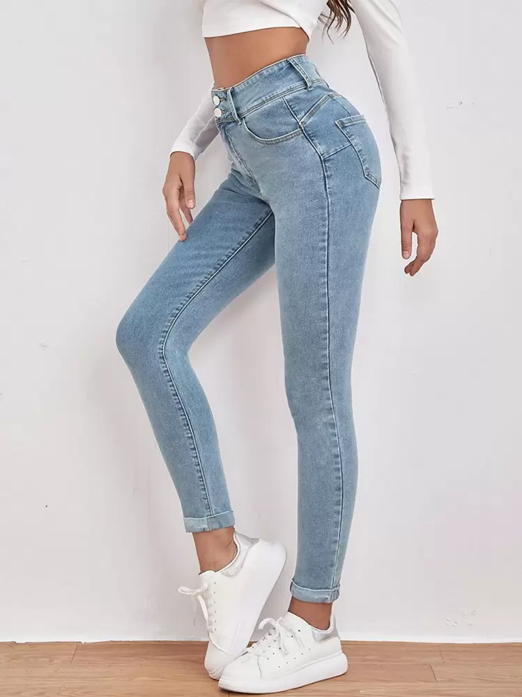 EMERY ROSE High Waist Slant Pocket Skinny Black Jeans - Light Wash - View 1