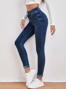 Women Jeans Tombol Kantong Zip Washed Plain - Dark Wash - View 1