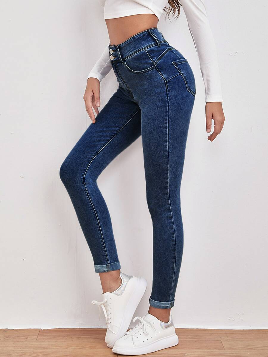 Women Jeans Tombol Kantong Zip Washed Plain - Dark Wash - View 1