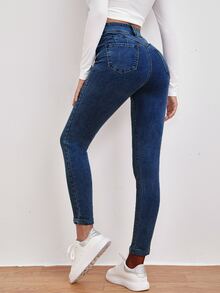 Women Jeans Tombol Kantong Zip Washed Plain - Dark Wash - View 2