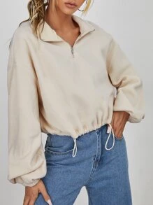 SHEIN Half Zip Fleece Sweatshirt - Beige - View 1