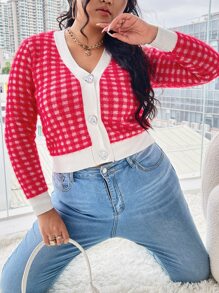 SHEIN EZwear Plus Gingham Pattern Button Front Cardigan - Red and White - View 1