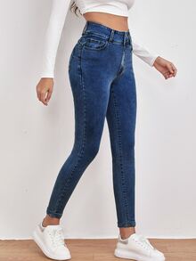 Women Jeans Tombol Kantong Zip Washed Plain - Dark Wash - View 3