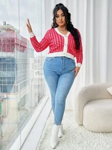 SHEIN EZwear Plus Gingham Pattern Button Front Cardigan - Red and White - View 3