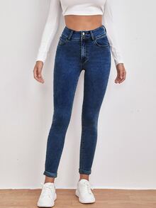 Women Jeans Tombol Kantong Zip Washed Plain - Dark Wash - View 4