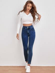 Women Jeans Tombol Kantong Zip Washed Plain - Dark Wash - View 5