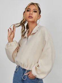 SHEIN Half Zip Fleece Sweatshirt - Beige - View 3