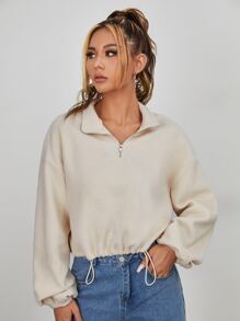 SHEIN Half Zip Fleece Sweatshirt - Beige - View 5