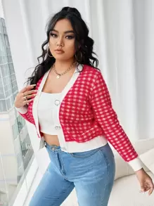 SHEIN EZwear Plus Gingham Pattern Button Front Cardigan - Red and White - View 5