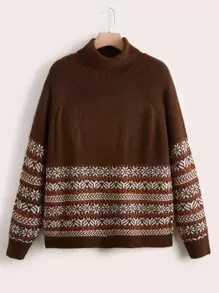 SHEIN LUNE Áo len Plus Size Hình học Giải trí - Cà phê nâu - Xem 1
