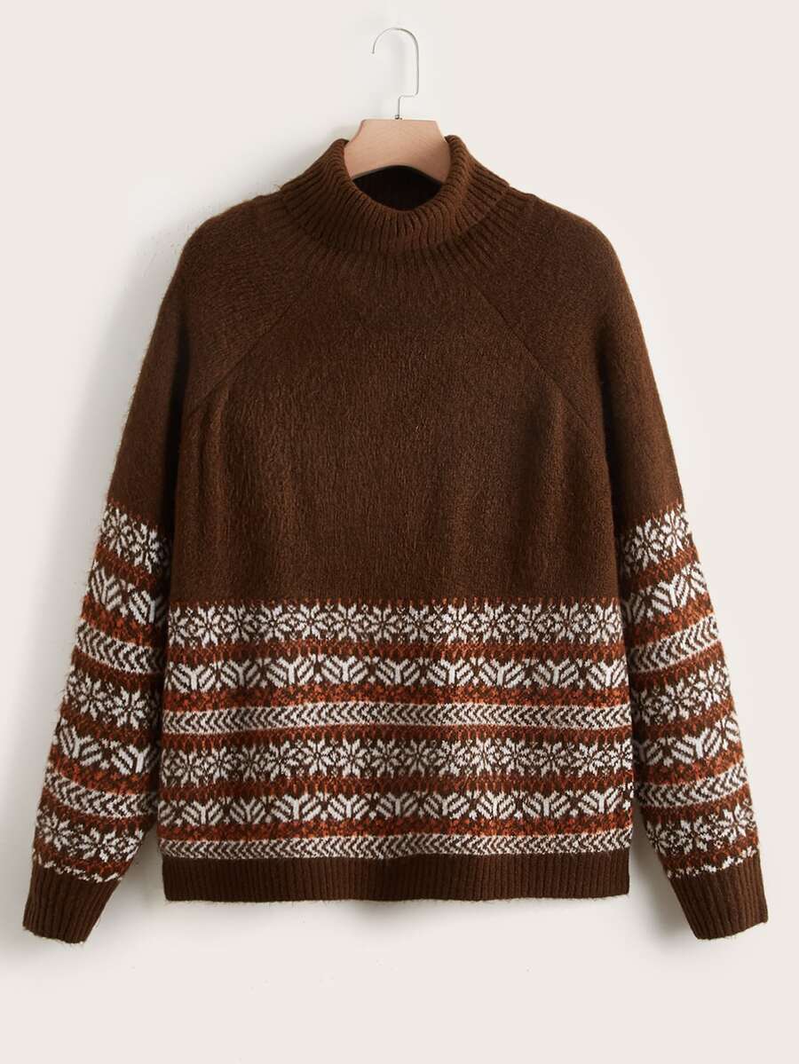 SHEIN LUNE Áo len Plus Size Hình học Giải trí - Cà phê nâu - Xem 1