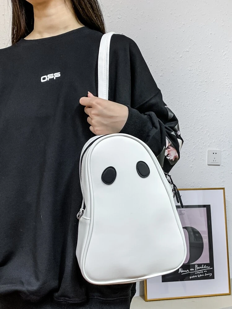 Kawaii Funny Ghost Novelty Large Capacity Crossbody Bag PU Leather Cartoon Cute Bag Purse Creative Versatile Fashion Shoulder Bag Ghost Design Sling Bag - White - View 2