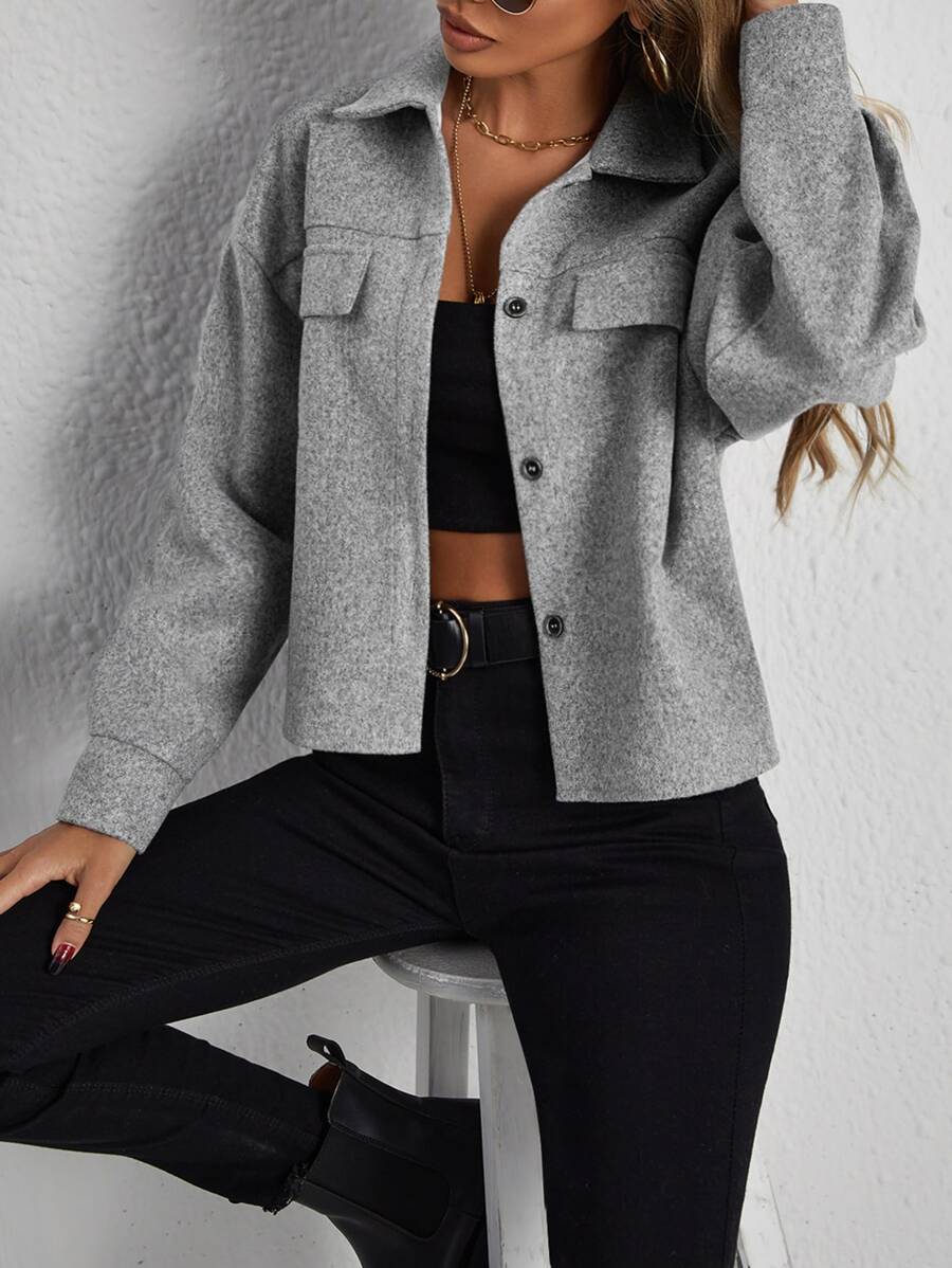 SHEIN Essnce Abrigo con bolsillo con solapa de hombros caídos con botón delantero - Gris - Ver 1