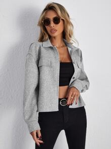 SHEIN Essnce Abrigo con bolsillo con solapa de hombros caídos con botón delantero - Gris - Ver 3