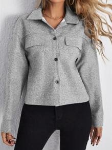 SHEIN Essnce Abrigo con bolsillo con solapa de hombros caídos con botón delantero - Gris - Ver 4