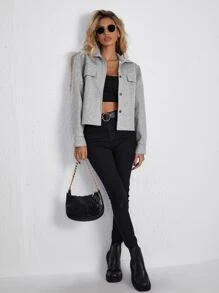 SHEIN Essnce Abrigo con bolsillo con solapa de hombros caídos con botón delantero - Gris - Ver 5