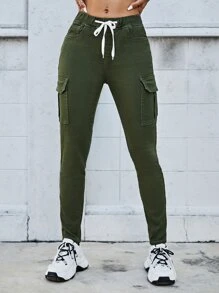 腰部抽繩翻蓋口袋牛仔褲 - 軍綠色 - 查看 1