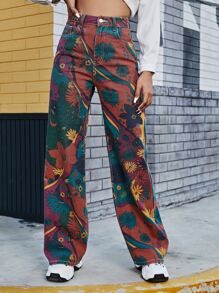 SHEIN EZwear High Waist Floral Wide Leg Jeans - Multicolor - View 1