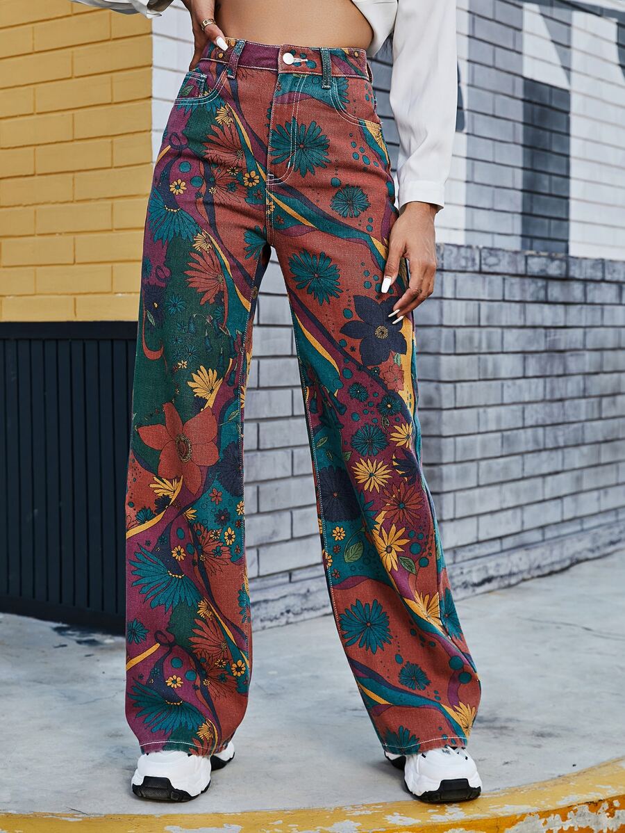 SHEIN EZwear High Waist Floral Wide Leg Jeans - Multicolor - View 1