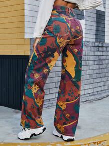 SHEIN EZwear High Waist Floral Wide Leg Jeans - Multicolor - View 2