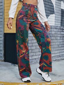 SHEIN EZwear High Waist Floral Wide Leg Jeans - Multicolor - View 3