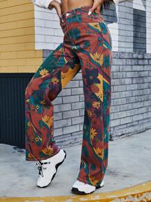 SHEIN EZwear High Waist Floral Wide Leg Jeans - Multicolor - View 4