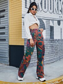 SHEIN EZwear High Waist Floral Wide Leg Jeans - Multicolor - View 5
