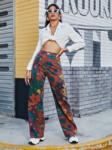 SHEIN EZwear High Waist Floral Wide Leg Jeans - Multicolor - View 6