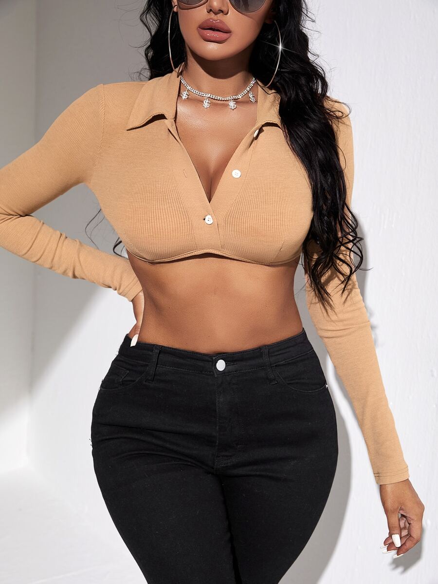 SHEIN SXY لباس علوي قصير أزرار أمامية محبوك مضلع - كاكي - مشاهدة 1