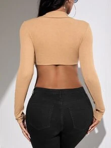 SHEIN SXY لباس علوي قصير أزرار أمامية محبوك مضلع - كاكي - مشاهدة 2