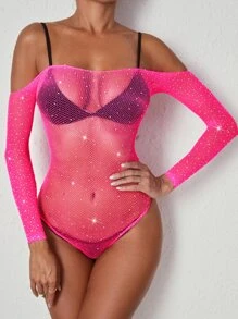 Rhinestone Studded Fishnet Teddy Bodysuit Without Liner - Hot Pink - View 1