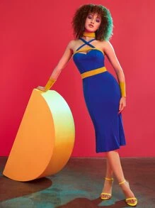 rrebecasglamboutique 拼接面鏤空十字交叉吊帶洋裝附項圈和護腕