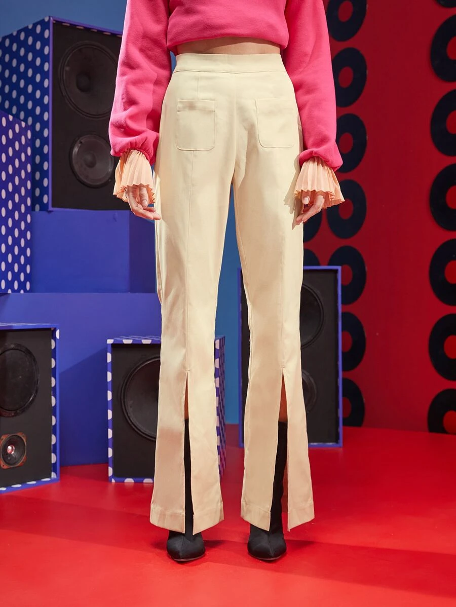 Blondie Bikini Pocket Patched Split Hem Flare Leg Trousers - Apricot - View 1