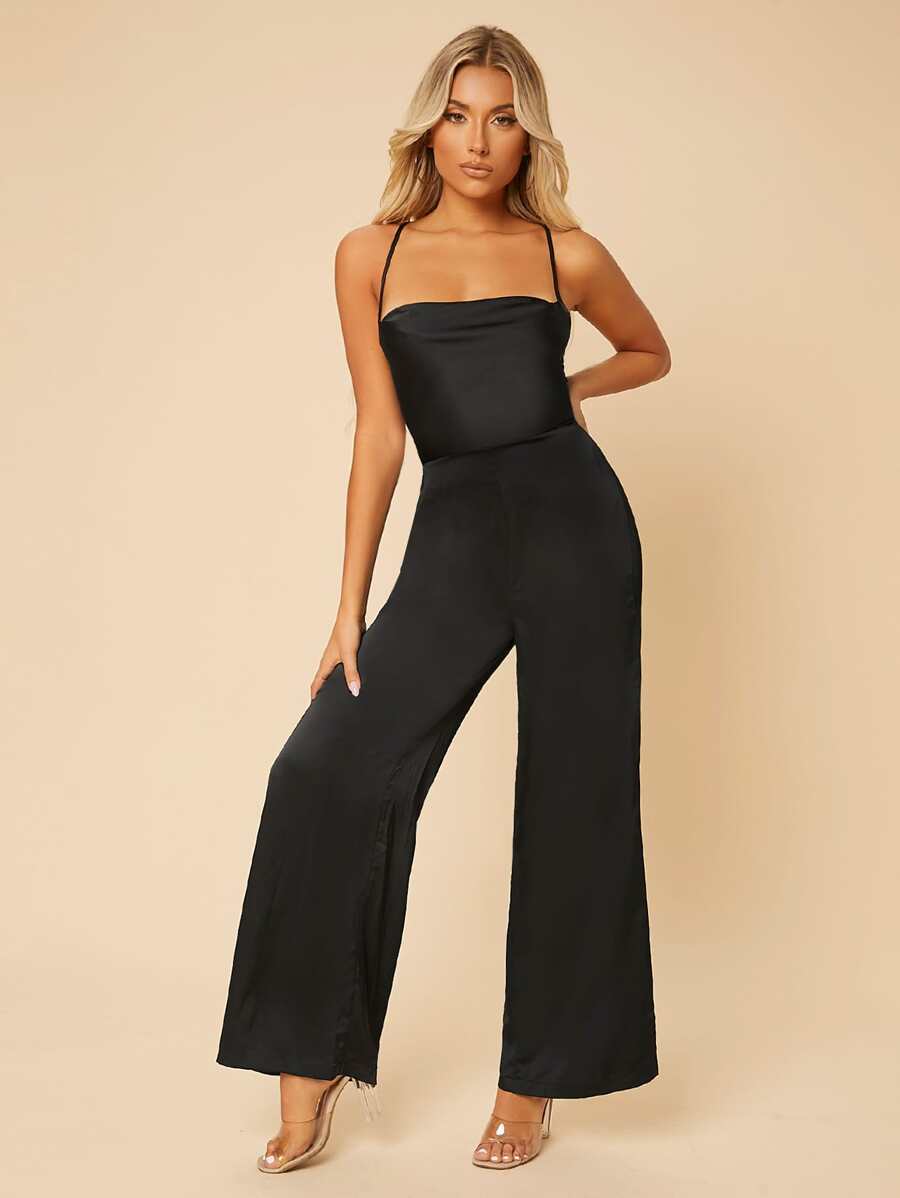 SHEIN PETITE Solid Criss Cross Backless Lace Up Jumpsuit - Black - View 1