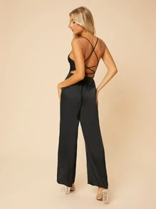 SHEIN PETITE Solid Criss Cross Backless Lace Up Jumpsuit - Black - View 2