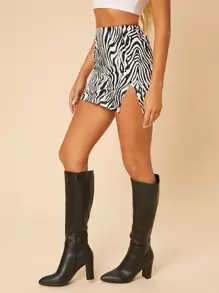 SHEIN PETITE 下擺開叉斑馬條紋半身裙 - 黑與白 - 查看 5