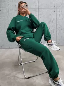 SHEIN Unity con estampado de letra de hombros caídos Capucha & Pantalones deportivos - Verde Oscuro - Ver 1