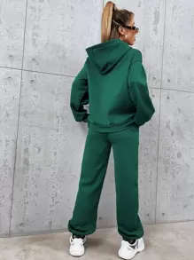SHEIN Unity con estampado de letra de hombros caídos Capucha & Pantalones deportivos - Verde Oscuro - Ver 2