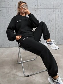 SHEIN Unity Letter Graphic Drop Shoulder Hoodie & Joggers - Black - View 1