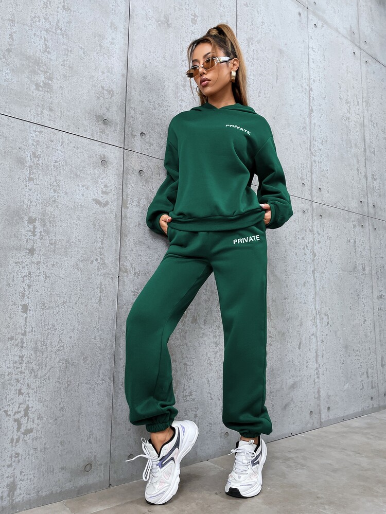 SHEIN Unity Letter Graphic Drop Shoulder Hoodie & Sweatpants - Dark Green - View 3