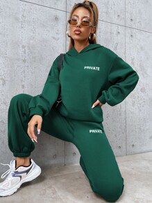 SHEIN Unity con estampado de letra de hombros caídos Capucha & Pantalones deportivos - Verde Oscuro - Ver 4