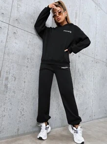 SHEIN Unity Letter Graphic Drop Shoulder Hoodie & Joggers - Black - View 3