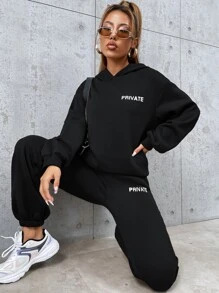 SHEIN Unity Letter Graphic Drop Shoulder Hoodie & Joggers - Black - View 4