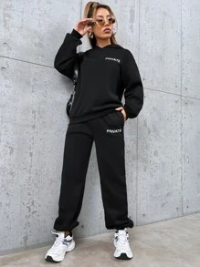 SHEIN Unity Letter Graphic Drop Shoulder Hoodie & Joggers - Black - View 5